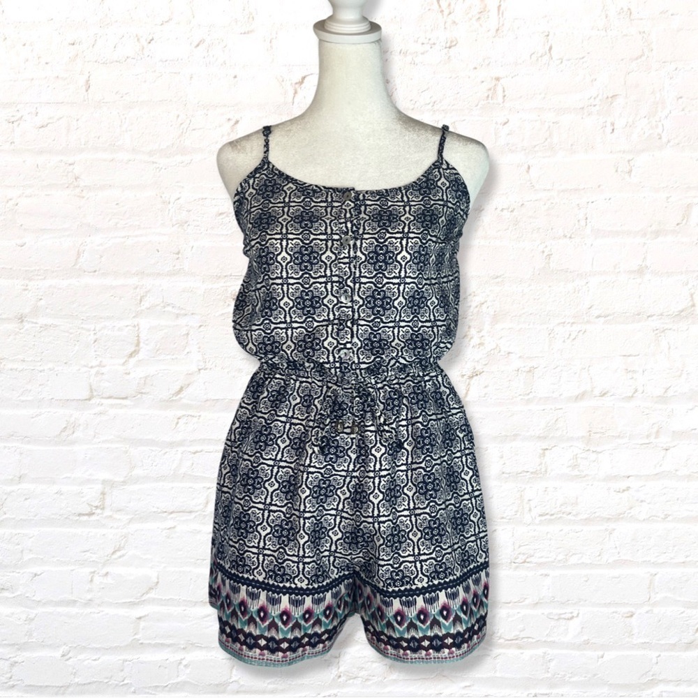 🎁 3 for $30 Poetry Navy Blue Floral Geometric Ikat Short Romper Size Small